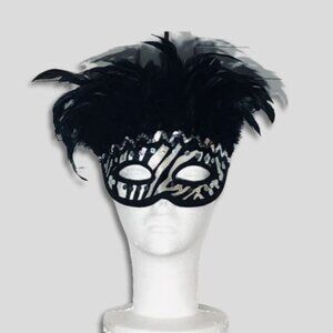 Feathered Masquerade Mask Zebra Stripe Pattern Silver Sequin Beading Black/White